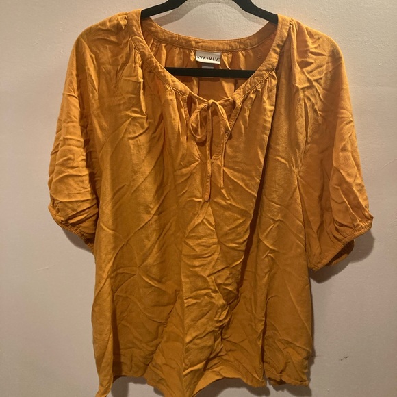 Ava and Viv 1X mustard yellow short sleeve viscose v neck with tie front blouse - Picture 1 of 6